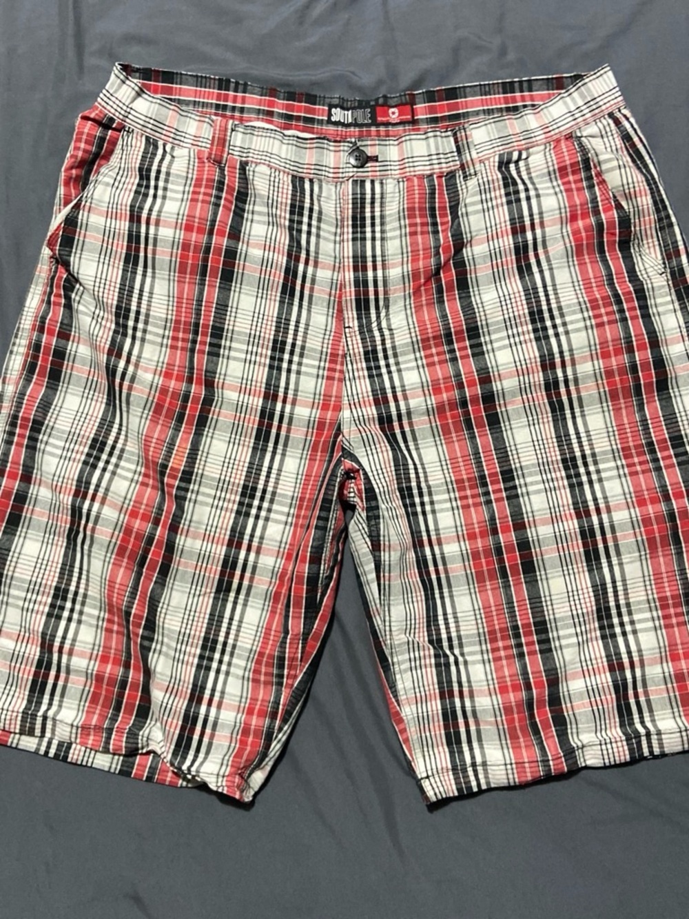 South Pole Red Black White Plaid Cargo Shorts
